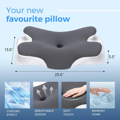 Cooling Memory Foam Neck Pillow dimensions: 25.6 inches wide, 13.8 inches deep, 5.5 inches tall