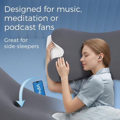 Woman relaxing with the Cooling Memory Foam Neck Pillow while listening to music