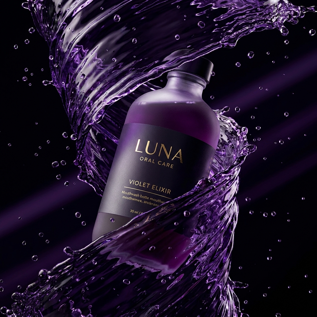 Purple Colour-Correcting Mouthwash - premium product shot with violet lighting